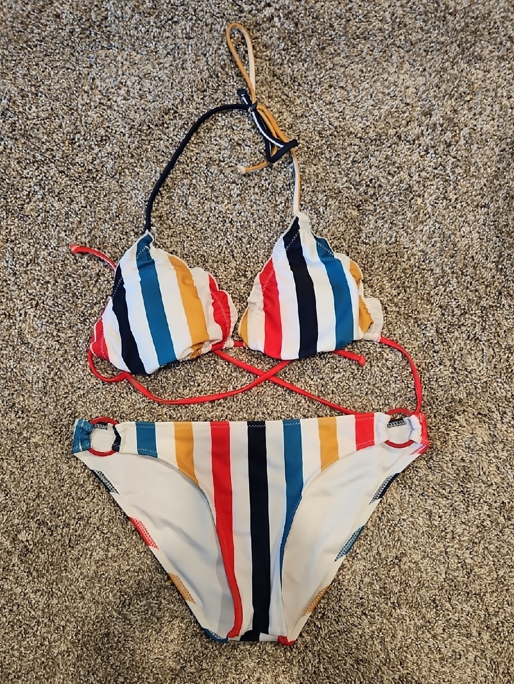 Volcom Blue, Navy and Red Striped Bikini Bottoms